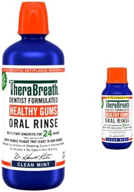 TheraBreath Healthy Gums Mouthwash, Clean Mint, Antigingivitis, 1 Liter (33.8 fl oz) + Travel Size, 3 fl oz
