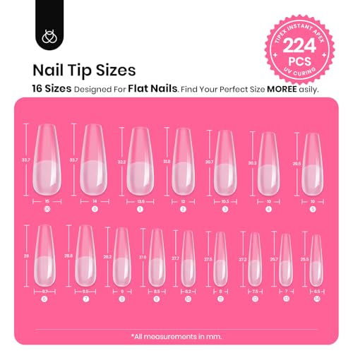 Beetles Tipex Instant Apex Nail Tips Kit, Coffin Long 224Pcs 16 Sizes Pre-Building & Pre-Etched Thicker Acrylic Nails False Nail Extension with Tipex Nail Glue Mini Nail Lamp