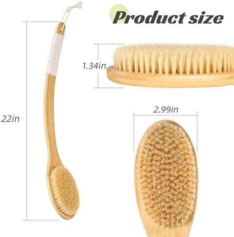 Bath Body Brush Shower, 22" Super Long Curved Bamboo Handle Antiskid Back Body Scrubber Wet/Dry Brushing, Moderately Soft Natural Bristle Body Brush for Showering