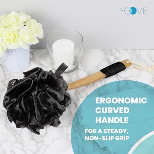 Bamboo Charcoal Infused Back Scrubber - Loofah with Handle | Exfoliating Shower Loofah for Men & Women - Features 1 Loofah on a Stick, 1 Loofa Pouf; Includes Hook (Black)