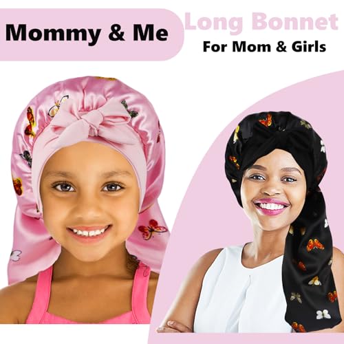 2 Pcs Long Kids Bonnets for Girls,Silky Satin Bonnet for Sleeping Kid, Bonnet for Kids' Braids,Long Hair