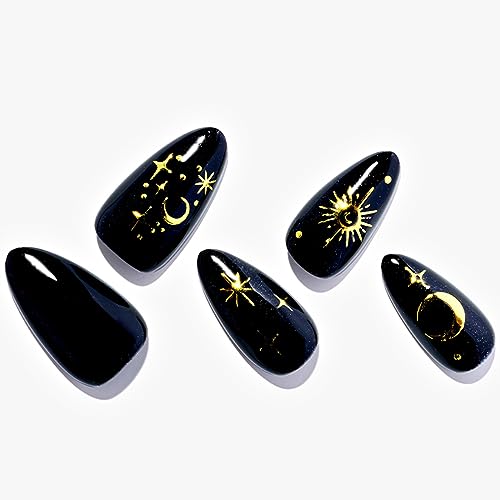 GLAMERMAID Press on Nails Medium Almond, Handmade Gothic Star in Black Gel Glue on Nail, Glossy Short Stiletto Reusable UV Finish Fake Nails Acrylic False Nails Manicure Kits for Women