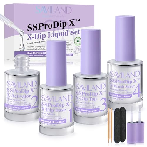 SAVILAND Dip Powder Liquid Set: 15 ml/0.5 Fl.oz Nail Dipping System Essentials for Beginners - Dip Base, Top, Activator, Brush Saver - Strengthen Nails DIY at Home, No Nail Lamp Needed