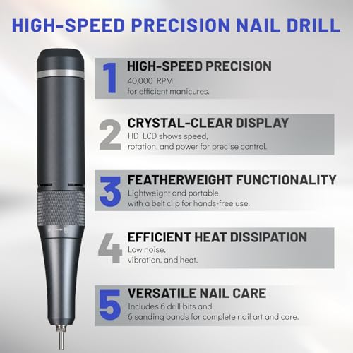 Aokitec Nail Drill 400000 RPM - Rechargeable Electric Nail File with Nail Drill Bits for Dip Powder Acrylic Nails Gel Polish, Manicure Pedicure Nail Art Tool for Prep&Removal, Nail Tech Must Haves