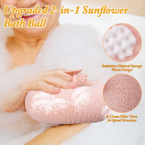 3Pcs 2-in-1 Sunflower Bath Ball, Super Soft Exfoliating Bath Sponge Cleaning Brush, Bath Loofah Sponge，Hangable Suction Cup Bath Ball for Women Men(Pink+Blue-Green+Purple)