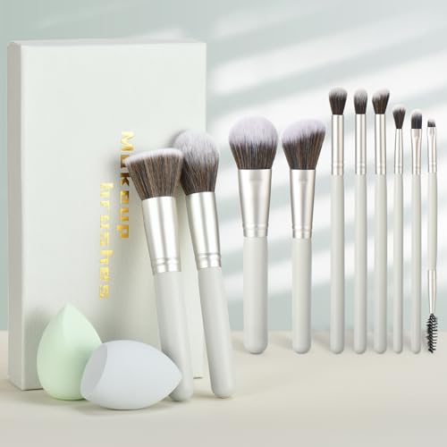 Gift Ready 10 Piece grayish green Makeup Brushs Set and 2 Piece Makeup Sponge – Wooden Handle with Soft Synthetic Bristles, Concealer, Powder – (Ideal for Christmas, Birthday, Women)
