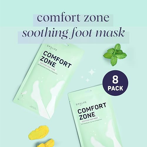 SpaLife Beauty Comfort Zone Soothing Foot Masks – Hydrating and Moisturizing Foot Socks – Hydrating Foot Mask – Soothes Rough, Cracked, Dry Feet with Tea Tree Oil – Shea Butter – Peppermint – 8 Pack