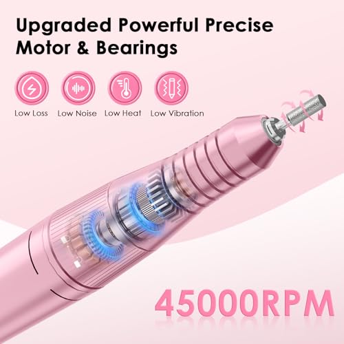Professional Electric Nail Drill File, HUGMAPLE 45000RPM Portable E-File Machine with Bits & Base, Rechargeable Cordless Nail Drill Kit for Shaping, Removing & Polishing Gel Nails for Salon Home