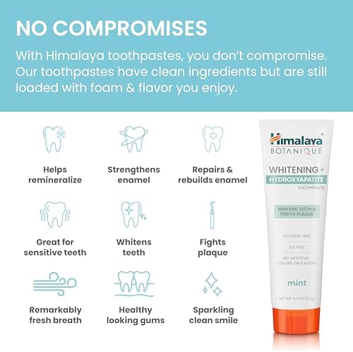 Himalaya Botanique Whitening + Hydroxyapatite Toothpaste, Mint Flavor - Nano Hydroxyapatite to Support Remineralization and Restore Enamel, Appropriate for Sensitive Teeth - Vegan, Gluten Free, 4 oz