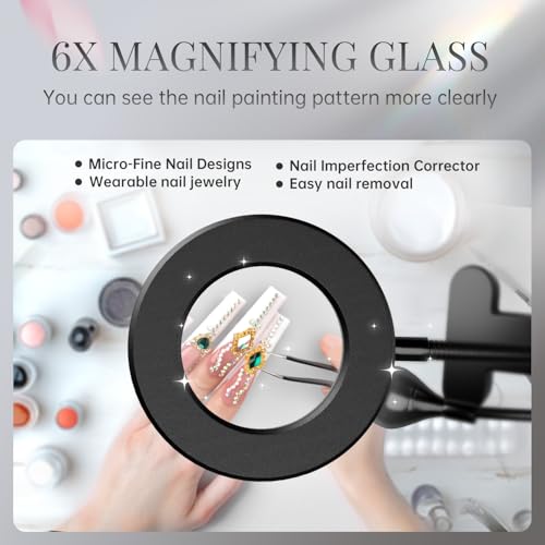 krofaue UV Nail Lamp for Gel X - Flash Cure Lamp Dual-Light Gel X UV Light with 6× Magnifier 4-Levels Brightness Nail Dryer for Regular Polish, Desk Clip Salon-Perfect Manicures at Home Black