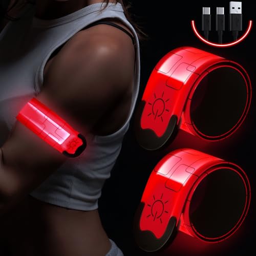 Simket LED Armbands for Running (2 Pack), USB Rechargeable Reflective Running Gear, High Visibility Light Up Bands Adjustable Running Lights for Runners Men Women Kids