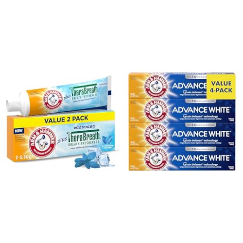ARM & HAMMER Toothpaste Plus TheraBreath Breath Fresheners, Invigorating ICY Mint Flavor & Advance White Toothpaste, Clean Mint Flavor, Stain Defense Technology, 6.0oz (4-Pack)