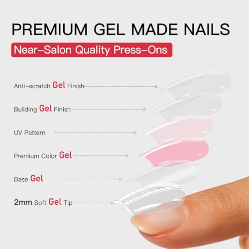 Curvlife Soft Gel Press on Nails, Fake Nails with Bright-Pink Design Full Cover False Nails for Women Reusable Nail Kit with Nail Glue Adhesive Tabs Nail File