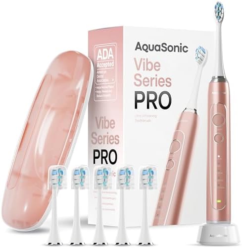 Aquasonic Vibe Series PRO – Ultra-Whitening Electric Toothbrush – 5 Modes & Smart Timers – Premium Travel Case & 6 Proflex Brush Heads – ADA Accepted Toothbrush (Rose Gold)