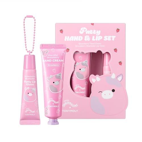TONYMOLY x Squishmallow Easter Basket Stuffer Patty the Cow 2 PC Hand Cream & Lip Gloss Set, Strawberry Hand Cream, Strawberry Shortcake Lip Gloss