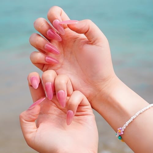 Semi Cured Gel Nail Strips | No LED Lamp Needed | Solid, Pink, Spring | Easy Apply & Remove, Salon Quality | Includes 28 Strips, 1 Prep Pads, Nail File & Wooden Stick - Hey, Summer Sweetheart
