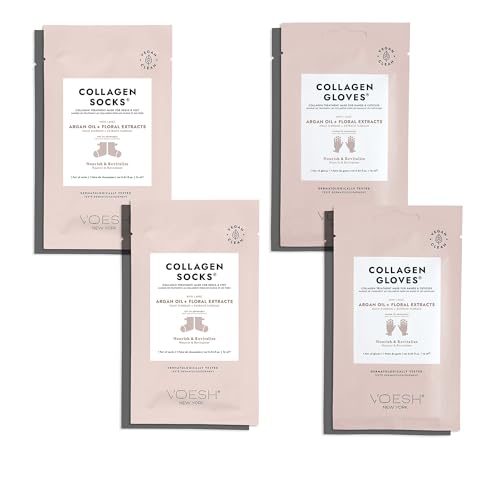 Voesh Collagen Gloves and Socks- Collagen Infused, 4 Pack, 2 Pack of Gloves, 2 Pack of Socks, At Home Spa, Body Care, Nourishing, Hydrating Gloves and Socks