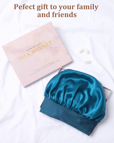 AWAYTR Long Silk Bonnet for Sleeping - 100% Mulberry Silk Bonnet for Women Long Hair Sleep Cap with Elastic Tie Band (Peacock Blue)
