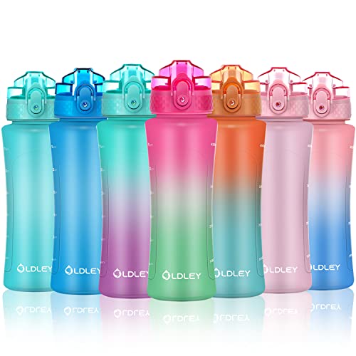 OLDLEY Kids Water Bottle with Straw 15 oz BPA-Free Leak-Proof Motivational Water Bottles with Time Marker for School Sports Travel Gym, Easy to Use for Girls Goys, 1 Straw Lid, Rose-Red Green