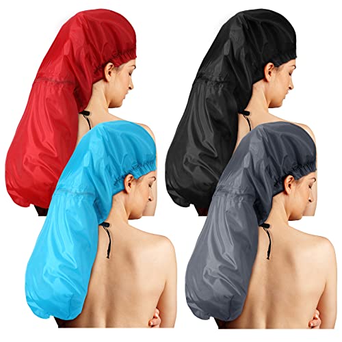 Eurzom 4 Pcs Jumbo Adjustable Braids Shower Cap for Long Hair Extra Large Shower Cap for Women Men Foldable Waterproof Hair Bonnets Plastic Oversize Bath Hats(Red, Blue, Black, Gray)