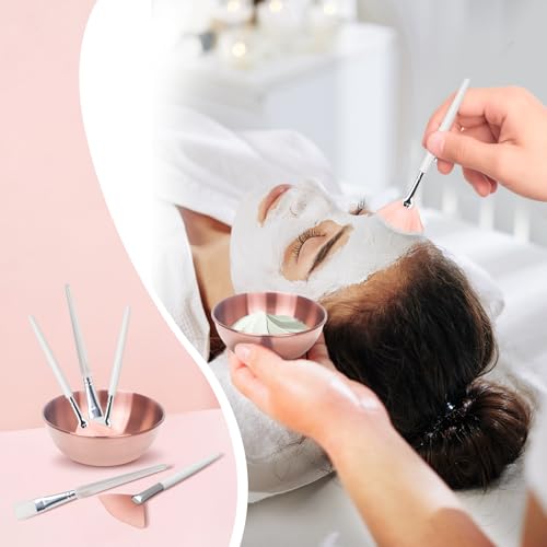 20Pcs Esthetician Facial Supplies Tools Set - Mask Applicator Tools, 4 Rose Gold Facial Bowls & 4 Facial Fan Mask Brushes & 4 Flat Brushes & 4 Sponges & 4 Headbands, Spa Party Favor, Mixing Facial Kit