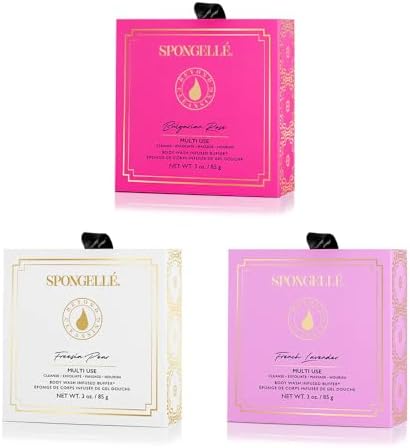 Spongelle Wild Flower Buffer Body Scrubber Bundle with Box | Bath & Shower Loofah for Women | Exfoliator with Body Wash Infused | 14+ uses (Bulgarian Rose, French Lavender, Freesia Pear)