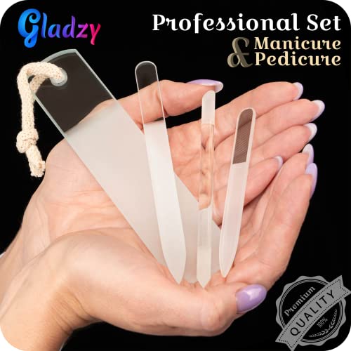 GLADZY Czech Glass Nail File Set - Multifunctional Nail Shiner Buffer, Callus Remover Foot Rasp, Glass Cuticle Pusher Manicure Stick, Etched Surface, Professional Nail Care Tool, Made in EU