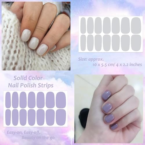 40 Sheets Elegant Solid Color Nail Polish Strips with Nail File Self-Adhesive Grey Purple Color Nail Strips Nail Stickers Full Nail Wraps for Women Nail Art