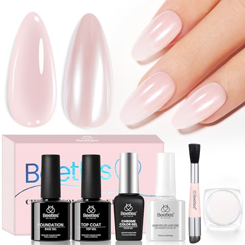 Beetles Pearl Chrome Nail Powder Gel Nail Polish Set, Glazed Donut Mirror Effect with Silicone Nail Brush, Liquid Peel Off Latex Tape Top Coat&Base Coat