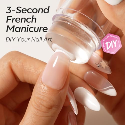 modelones Gel Nail Polish Kit French Jelly Pink White Sheer Nude Gel Polish Set with French Tip Stamp Tool & Silver Gold Stickers, 4 Colors Gel Mini Salon Home DIY Trend Manicure Gift for Women