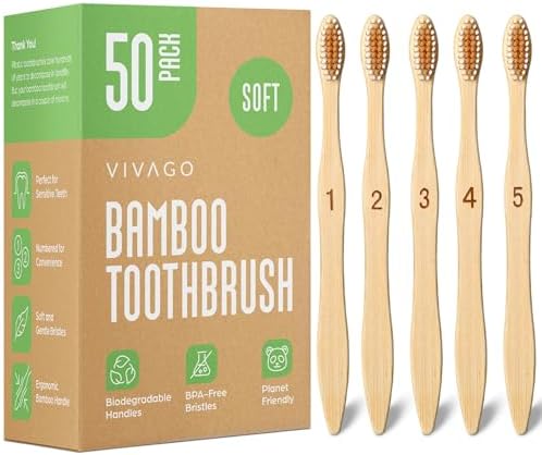 Bamboo Toothbrushes Bulk Soft Bristles (50 Pack) - Eco-Friendly, Natural Wooden Toothbrush