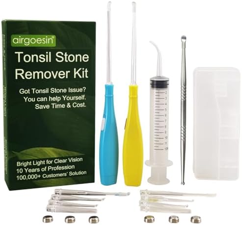 Airgoesin™ 6.75 inch Tonsil Stone Remover LED Tool Kit - 2 Sets, Oral Irrigation Syringe & Stainless Steel Pick, Tonsil Stone Removal Kit for Breath Freshening