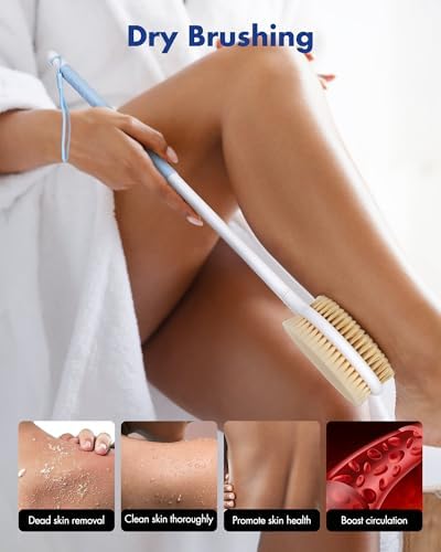 Back Scrubber Body Shower Brush: 20.5‘’ Extra Long Anti Slip Handle Bath Brush with Stiff and Soft Bristles - Showering Exfoliator Wet or Dry Brushing for Women, Men, Elderly (Blue)