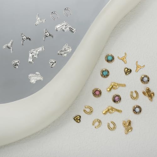 30 PCS Western Nail Charms - 3D Vintage Cowboy Cowgirl Nail Charms, Turquoise, Gold, Silver, Pink, Blue Retro Metal Gem Western Art Stickers Accessories for DIY
