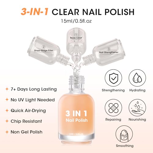 GELLEN Clear Nail Polish Ridge Filling Base Coat, Nail Strengthener Ridge Filler For Nails, Hydrates Strengthens Nourishes Damaged Dry Natural Nails, Shea Butter & Vitamin E & Protein Formula