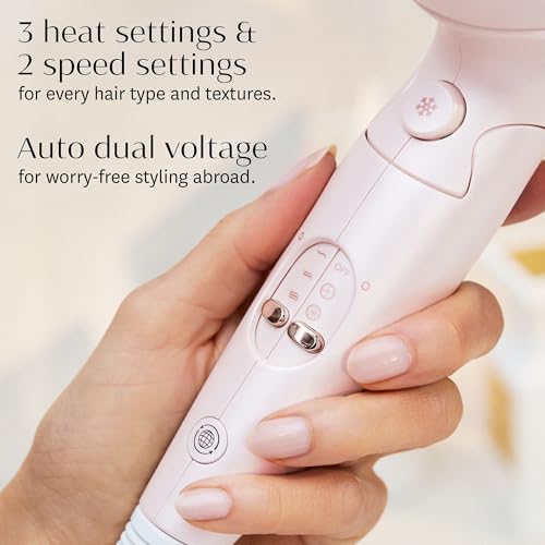 T3 Afar Lightweight Travel-Size Hair Dryer with Auto Dual Voltage, Folding Handle, Fast Drying, Lightweight and Ergonomic, Frizz Smoothing, Multiple Heat and Speed Combinations