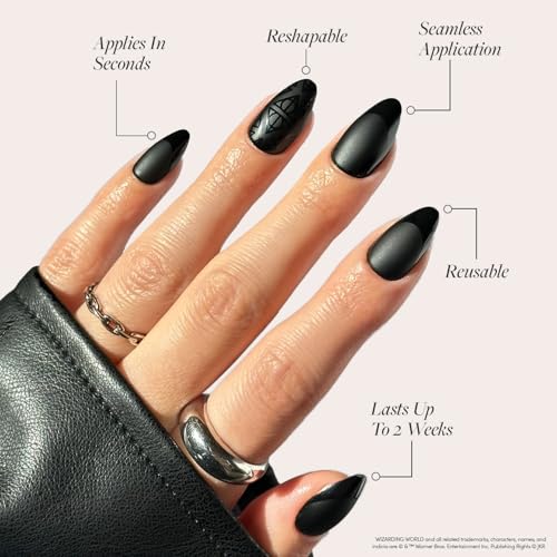 Harry Potter™ x Glamnetic Press On Nails - Deathly Hallows™ | Black Harry Potter™ Graphic Short Almond False Nails, Reusable Stick On Fake Nails with Glue | Salon Quality | 15 Sizes - 30 Nail Kit