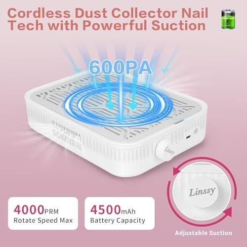 Nail Dust Collector, Rechargeable & Cordless Dust Collector for Nail Tech with Reusable HEPA Filter, Extractor Dust Suction Machine for Acrylic Nails Polishing at Nail Salon & Home Use