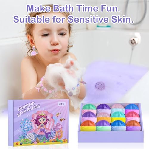 Mermaid Bath Bombs for Girls with Surprise Inside, 12pcs Shell Girls Bath Bombs with Mermaid Jewelry Toys for Kids, Kids Bubble Bath Bomb 3 4 Year Old Girl Easter Birthday Gift Mermaid Party Favors