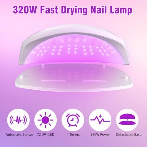 320W LED Nail Lamp,UV Nail Dryer for Dual Hands Gel Polish, 4 Timers 72Pcs Lamp Beads UV Nail Lamp Professional Nail Dryer Light, Automatic Sensor for Fingernail and Toenail