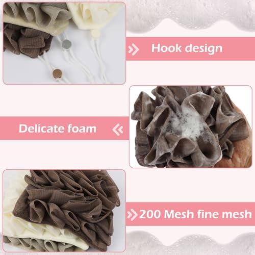 3pcs Leeffa Loofah Washcloth, 2-in-1 Shower Washcloth Loofah for Exfoliating, Shower Sponge for Body (BeigeMix)