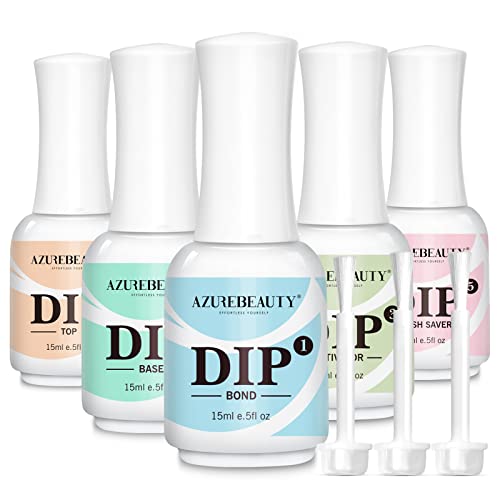 AZUREBEAUTY 5 Pcs Dip Powder Liquid Set - 15ml/0.5oz Large Capacity Dip Base Coat, Top Coat, Bond, Activator, Brush Saver for Dip Nail Kit Salon Home No Nail Lamp Needed