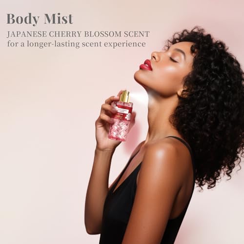 Bath and Body Travel and Gift Sets, Cherry Blossom Spa Shower Set for Teenager and Her, Including Body Wash, Body Lotion and Fragrance Body Mist, for Birthday Anniversary Wedding Christmas New Year