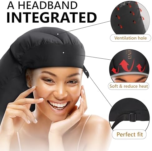 Large Hooded Hair Dryer Bonnet w/Integrated Headband - Reduces Heat Exposure Around Ears & Neck - Enhanced Size for Use with Rollers, Speeds Up Drying Time, Safe Deep Conditioning at Home, Adjustable