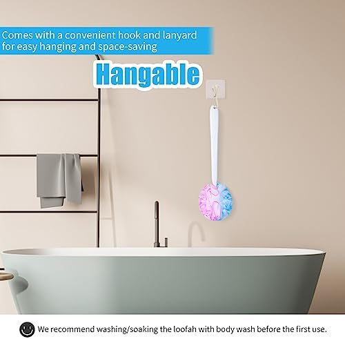 VANZAVANZU Loofah Sponge Set Loofah Exfoliating Body Scrubber, Anti-Slip Plastic 17" Handle Loofah on a Stick with Fluffy Shower Sponge, PE Soft Mesh Shower Loofahs-White with Blue Pink Edge
