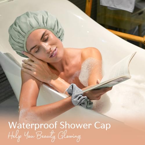 Yanibest Shower Cap Reusable Waterproof - Double Layer Shower Caps for Women, Washable Shower Bonnet with Soft Non-Slip Elastic Band, Bath Hair Hat for Most Hair Types