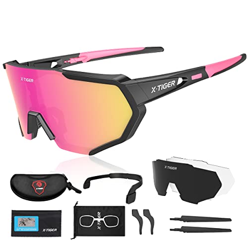 X-TIGER Polarized Sports Sunglasses with 3 Interchangeable Lenses,Mens Womens Cycling Glasses,Baseball Running Fishing Golf Driving Sunglasses