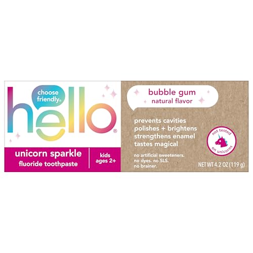 hello Unicorn Sparkle Kids Fluoride Toothpaste, Natural Bubble Gum Flavor, ADA Approved, Ages 2+, No Artificial Sweeteners, No SLS, Gluten Free, Vegan, Pack of 3, 4.2 oz Tubes