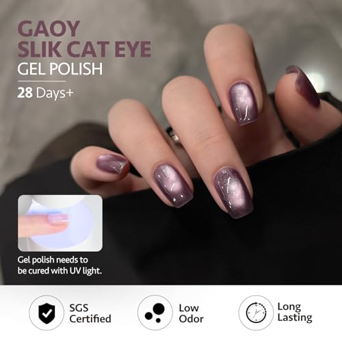 GAOY Purple Cat Eye Gel Polish Kit with Magnet, 6 Colors Glitter Holographic Nail Polish Set, UV Cure Gel for DIY Manicure at Home
