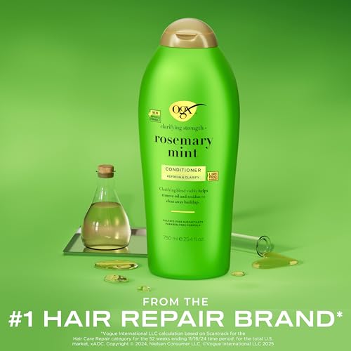 OGX Clarifying Strength + Rosemary Mint Conditioner, Clarifying Conditioner for Oily Hair Visibly Helps Remove Oil & Residue to Clear Away Buildup, Sulfate-Free Surfactants, 25.4 fl. oz